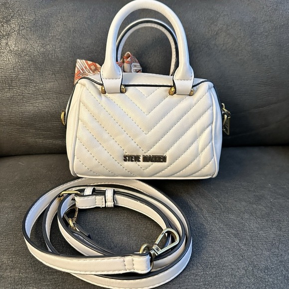 Steve Madden Mini Satchel Bag White Quilted Bow Top Handle Crossbody Purse Hand - Picture 3 of 13